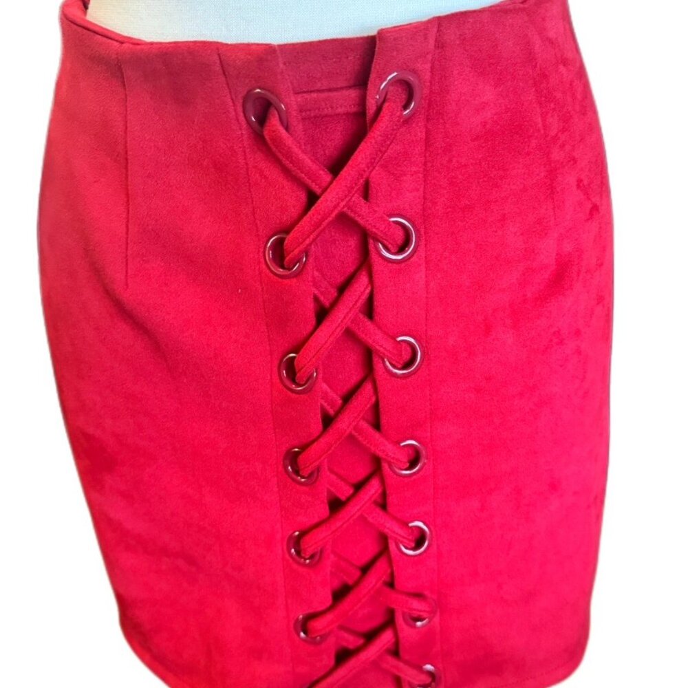 Shinestar Red Corset-Like Mini Skirt Decorative Lace-Up Faux Suede High Quality